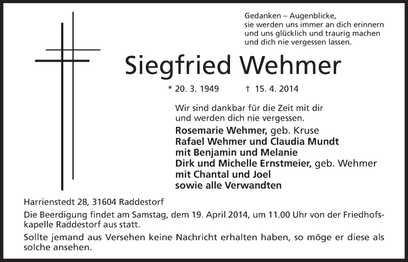  Traueranzeige für Siegfried Wehmer vom 16.04.2014 aus Mindener Tageblatt