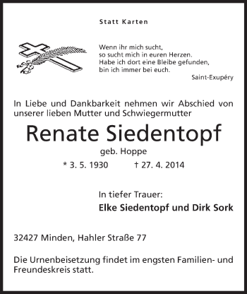 Anzeige von Renate Siedentopf von Mindener Tageblatt