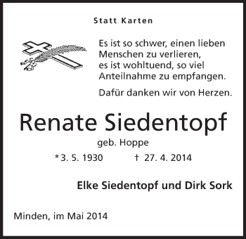 Anzeige von Renate Siedentopf von Mindener Tageblatt