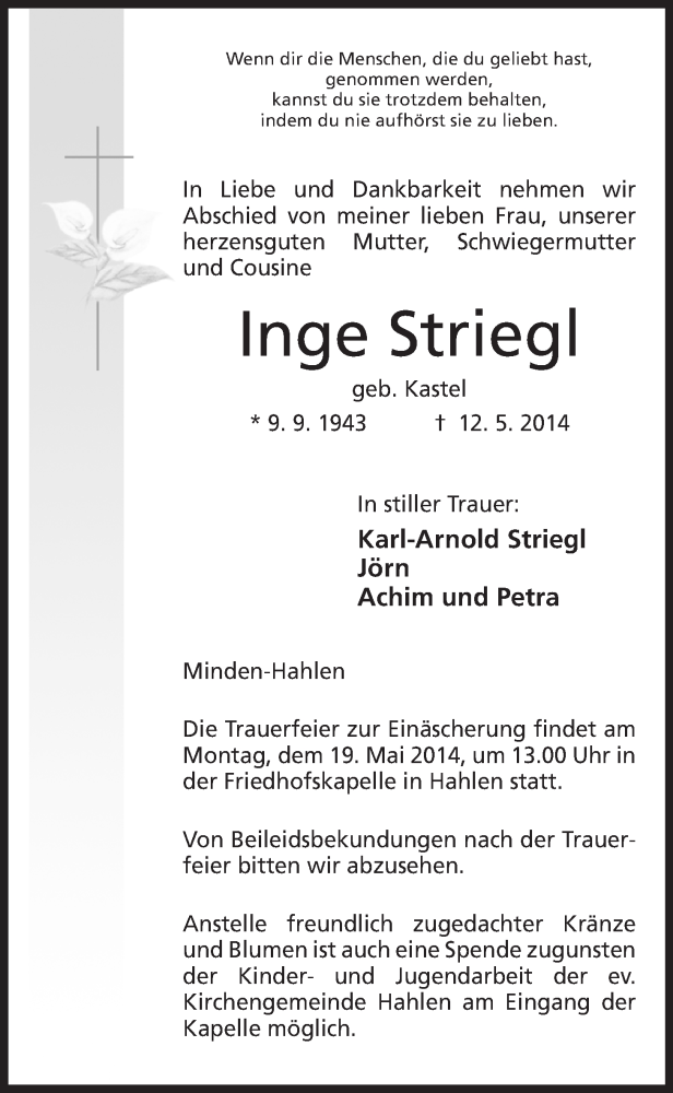  Traueranzeige für Inge Striegl vom 15.05.2014 aus Mindener Tageblatt