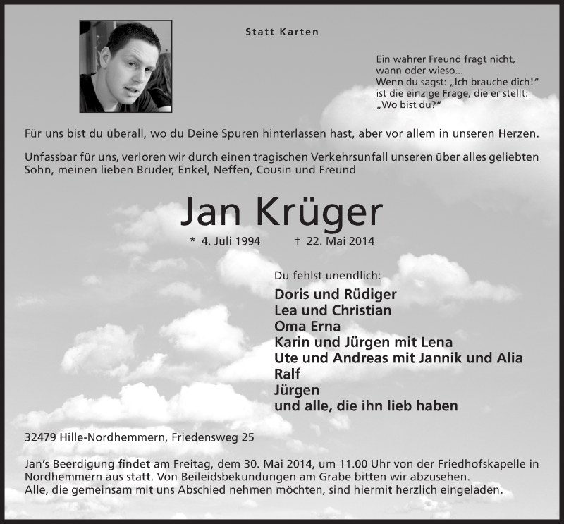  Traueranzeige für Jan Krüger vom 26.05.2014 aus Mindener Tageblatt