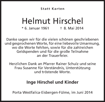 Anzeige von Helmut Hirschel von Mindener Tageblatt