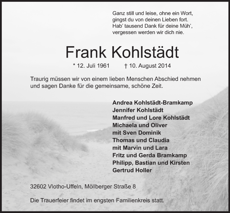  Traueranzeige für Frank Kohlstädt vom 16.08.2014 aus Mindener Tageblatt