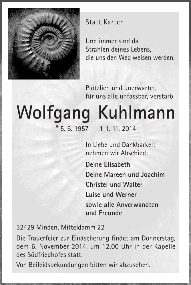  Traueranzeige für Wolfgang Kuhlmann vom 04.11.2014 aus Mindener Tageblatt