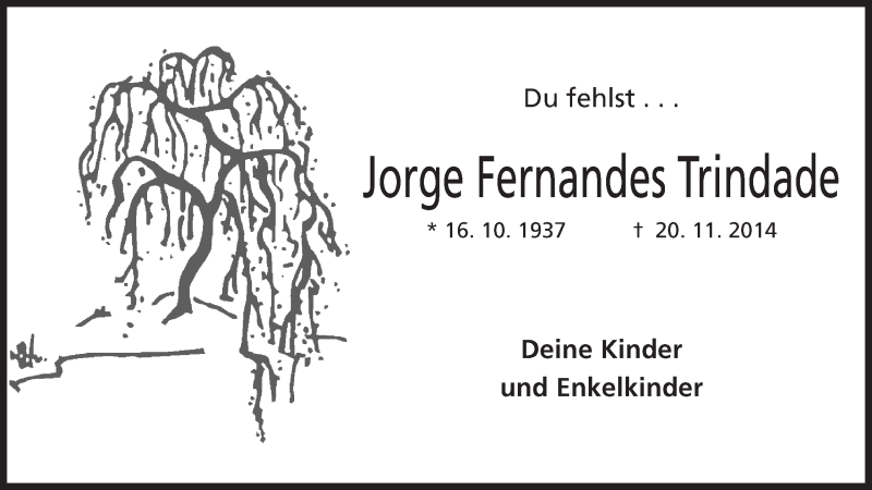  Traueranzeige für Jorge Fernandes Trindade vom 25.11.2014 aus Mindener Tageblatt