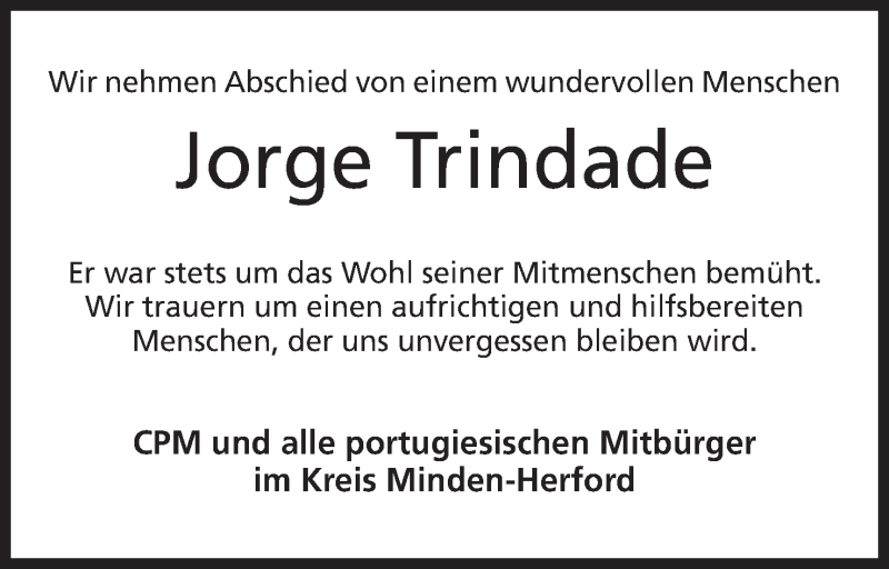 Traueranzeige für Jorge Trindade vom 26.11.2014 aus Mindener Tageblatt