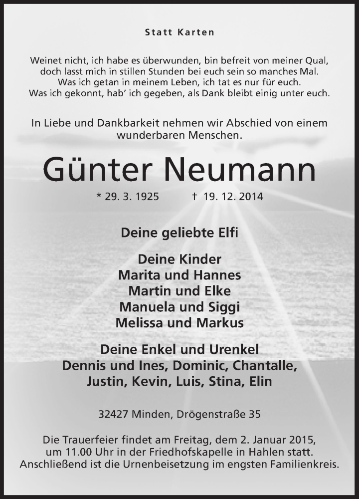  Traueranzeige für Günter Neumann vom 23.12.2014 aus Mindener Tageblatt