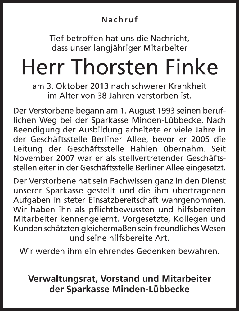  Traueranzeige für Thorsten Finke vom 09.10.2013 aus Mindener Tageblatt
