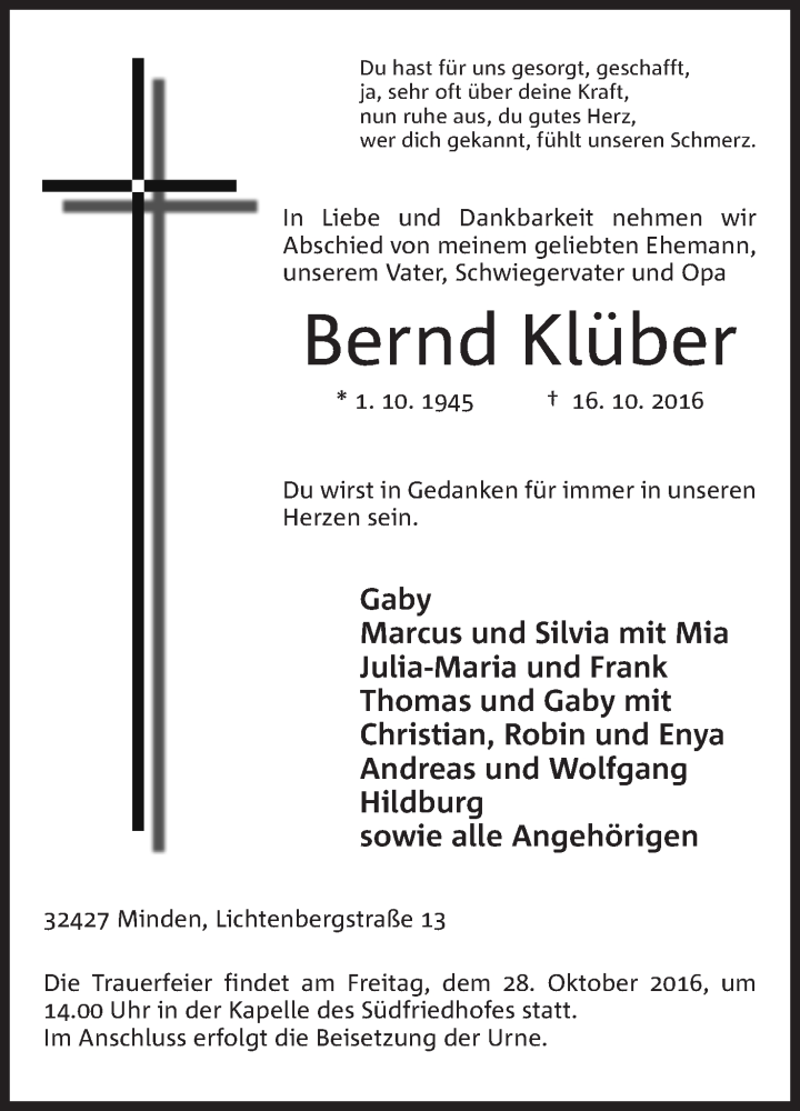  Traueranzeige für Bernd Klüber vom 22.10.2016 aus Mindener Tageblatt