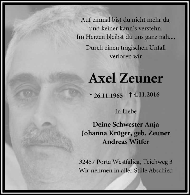  Traueranzeige für Axel Zeuner vom 19.11.2016 aus Mindener Tageblatt