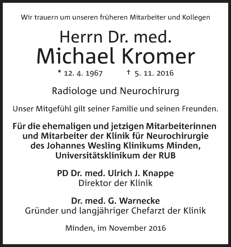  Traueranzeige für Michael Kromer vom 09.11.2016 aus Mindener Tageblatt