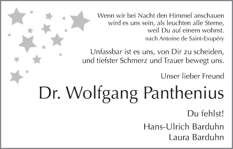  Traueranzeige für Wolfgang Panthenius vom 17.12.2016 aus Mindener Tageblatt