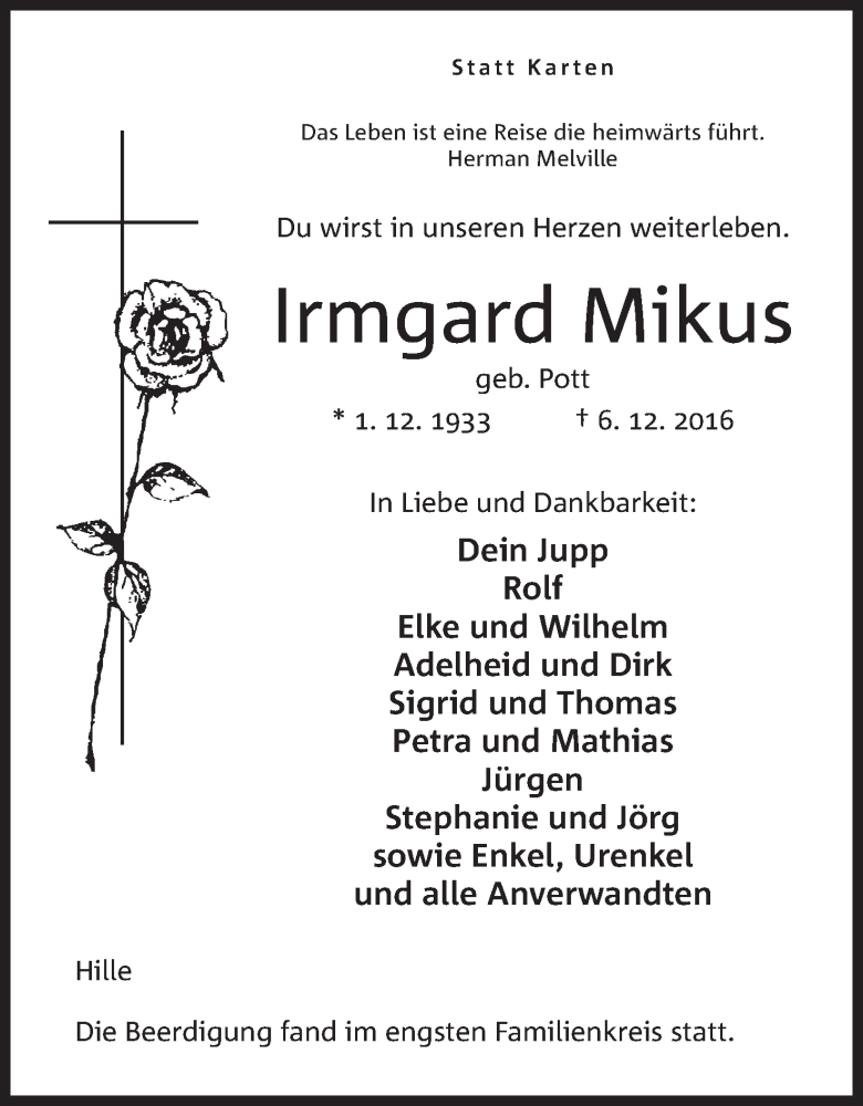  Traueranzeige für Irmgard Mikus vom 13.12.2016 aus Mindener Tageblatt