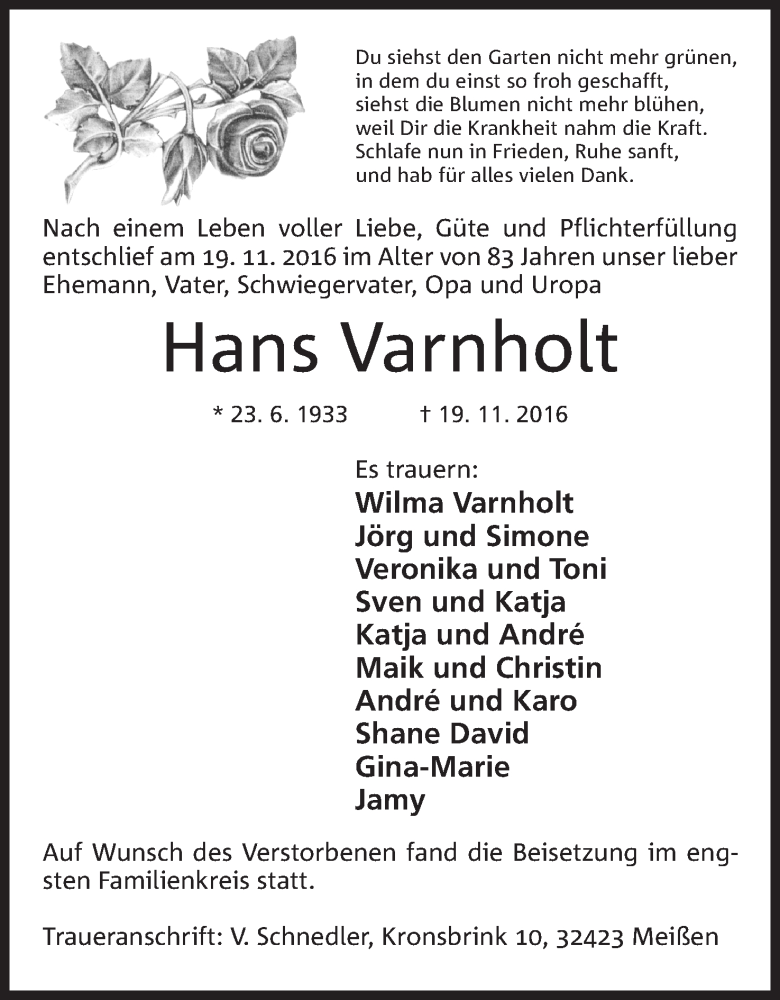  Traueranzeige für Hans Varnholt vom 03.12.2016 aus Mindener Tageblatt