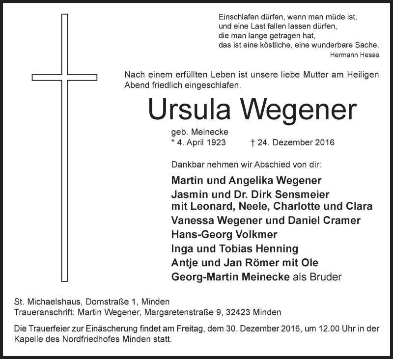  Traueranzeige für Ursula Wegener vom 28.12.2016 aus Mindener Tageblatt