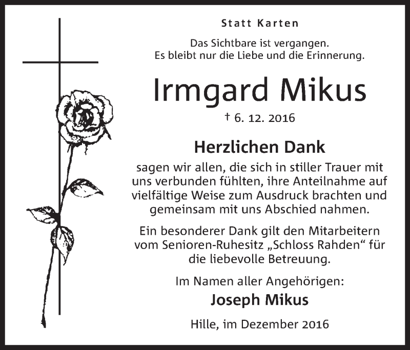  Traueranzeige für Irmgard Mikus vom 31.12.2016 aus Mindener Tageblatt