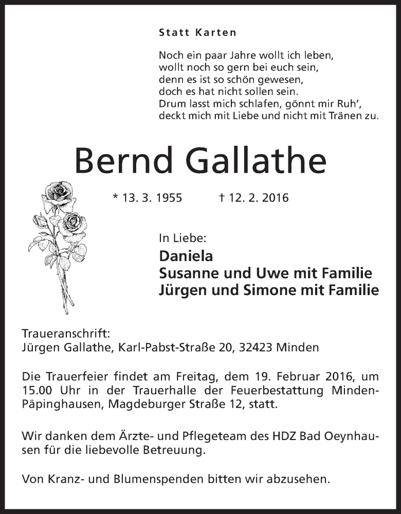  Traueranzeige für Bernd Gallathe vom 16.02.2016 aus Mindener Tageblatt