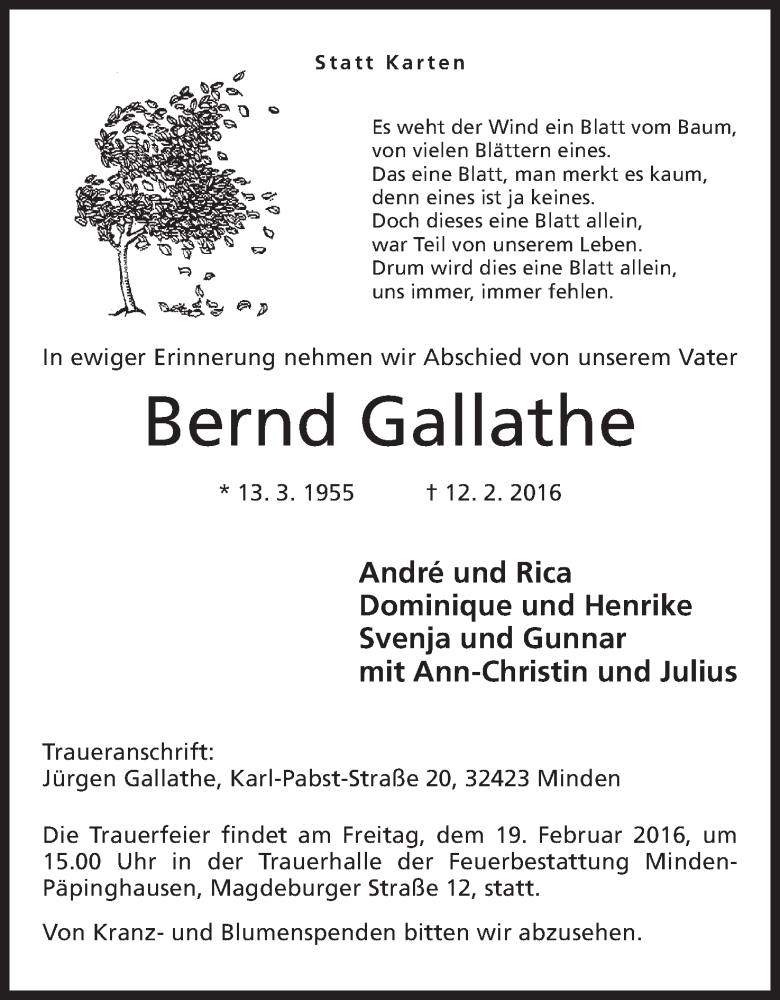 Traueranzeige für Bernd Gallathe vom 16.02.2016 aus Mindener Tageblatt