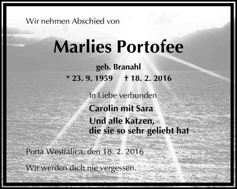  Traueranzeige für Marlies Portofee vom 20.02.2016 aus Mindener Tageblatt