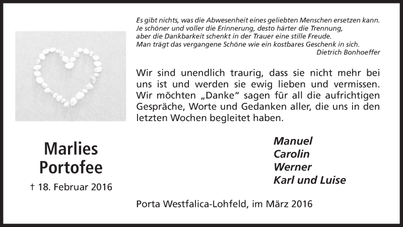  Traueranzeige für Marlies Portofee vom 25.03.2016 aus Mindener Tageblatt