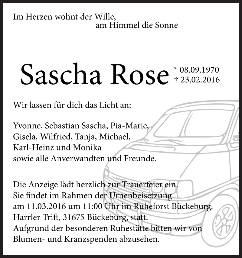  Traueranzeige für Sascha Rose vom 05.03.2016 aus Mindener Tageblatt
