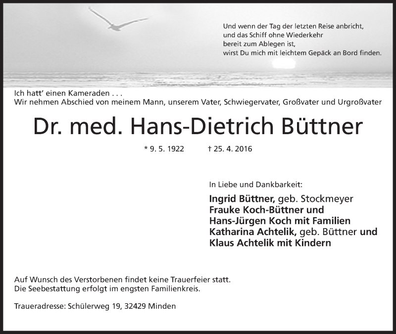  Traueranzeige für Hans-Dietrich Büttner vom 30.04.2016 aus Mindener Tageblatt