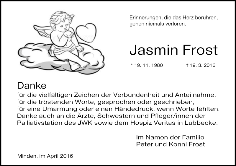  Traueranzeige für Jasmin Frost vom 30.04.2016 aus Mindener Tageblatt