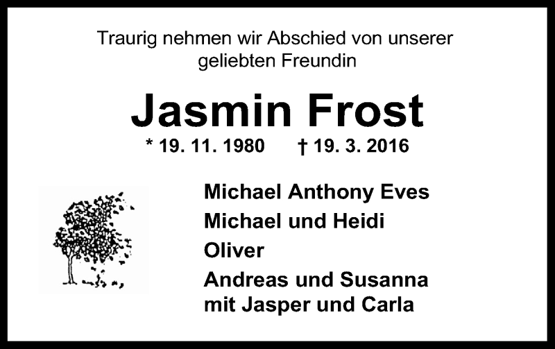  Traueranzeige für Jasmin Frost vom 05.04.2016 aus Mindener Tageblatt