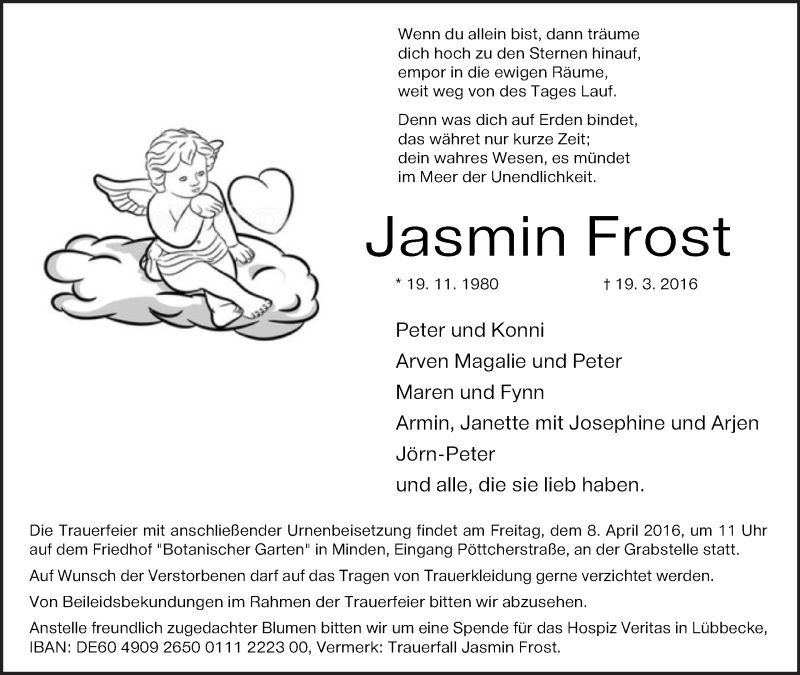  Traueranzeige für Jasmin Frost vom 02.04.2016 aus Mindener Tageblatt