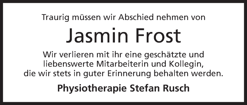  Traueranzeige für Jasmin Frost vom 07.04.2016 aus Mindener Tageblatt
