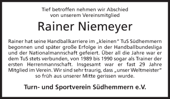 Anzeige von Rainer Niemeyer von Mindener Tageblatt