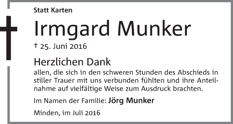  Traueranzeige für Irmgard Munker vom 09.07.2016 aus Mindener Tageblatt