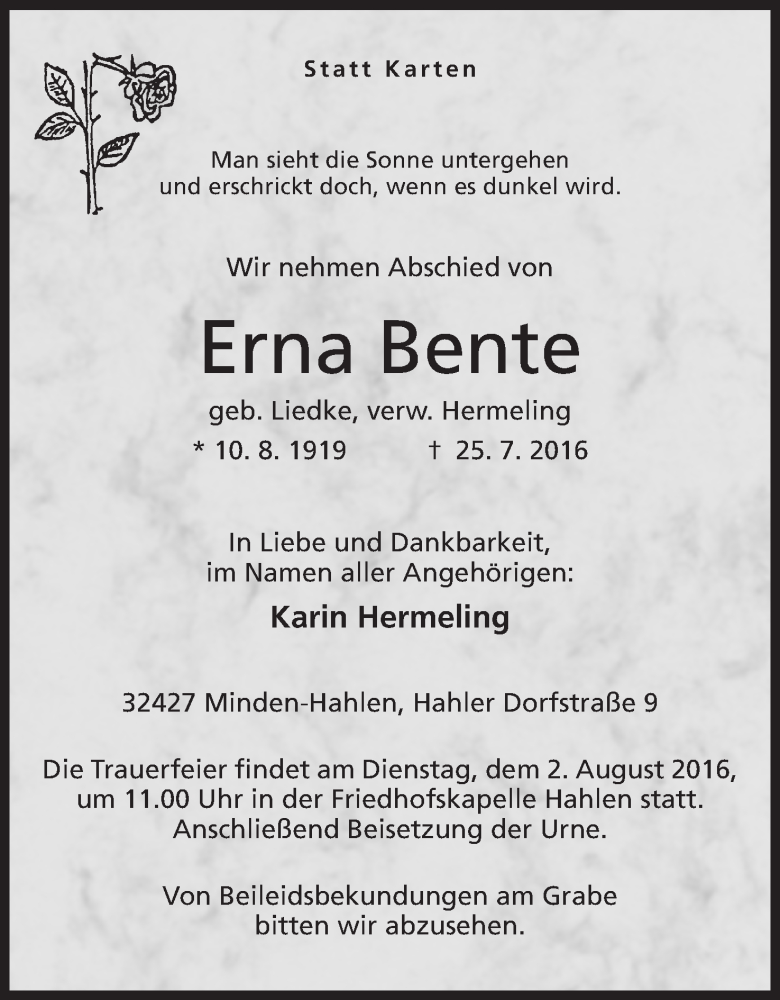  Traueranzeige für Ernta Bente vom 30.07.2016 aus Mindener Tageblatt
