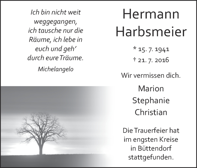  Traueranzeige für Hermann Harbsmeier vom 30.07.2016 aus Mindener Tageblatt