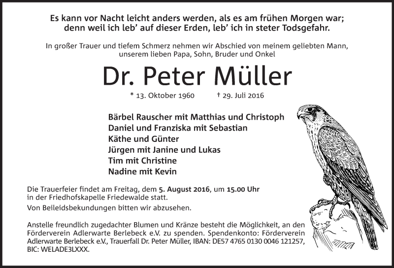  Traueranzeige für Peter Müller vom 03.08.2016 aus Mindener Tageblatt