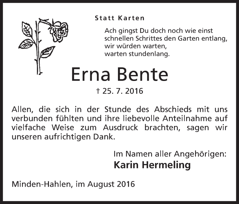 Traueranzeige für Erna Bente vom 20.08.2016 aus Mindener Tageblatt