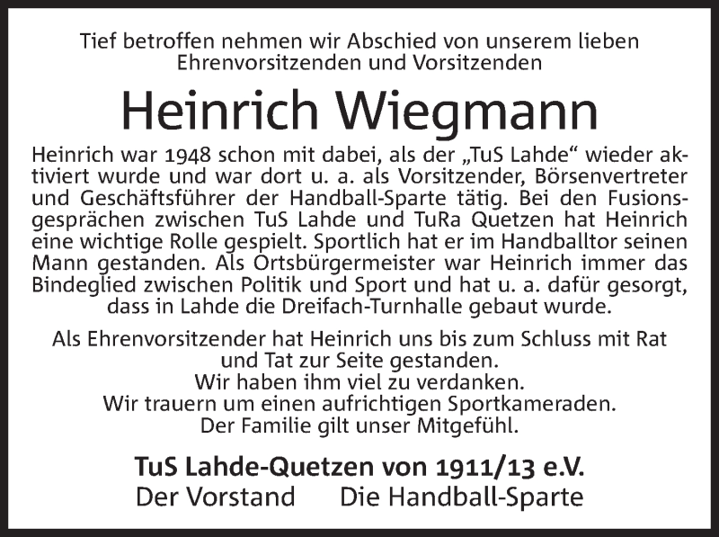  Traueranzeige für Heinrich Wiegmann vom 20.08.2016 aus Mindener Tageblatt