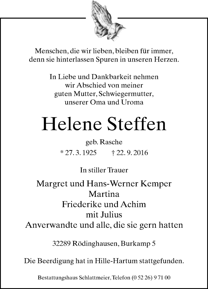  Traueranzeige für Helene Steffen vom 28.09.2016 aus Mindener Tageblatt