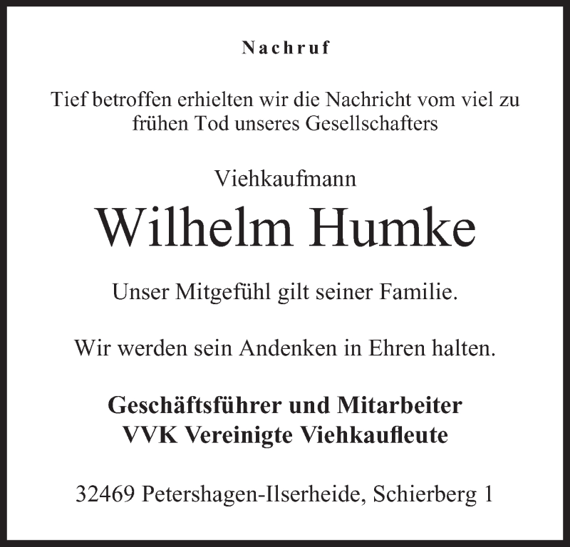  Traueranzeige für Wilhelm Humke vom 09.01.2017 aus Mindener Tageblatt