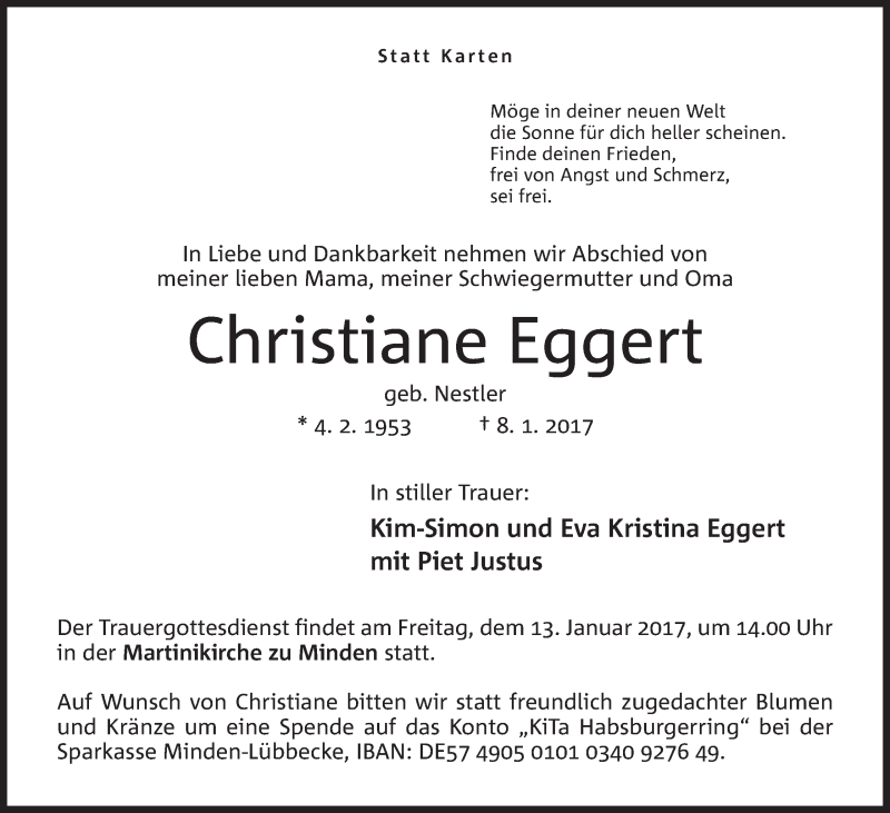  Traueranzeige für Christiane Eggert vom 10.01.2017 aus Mindener Tageblatt
