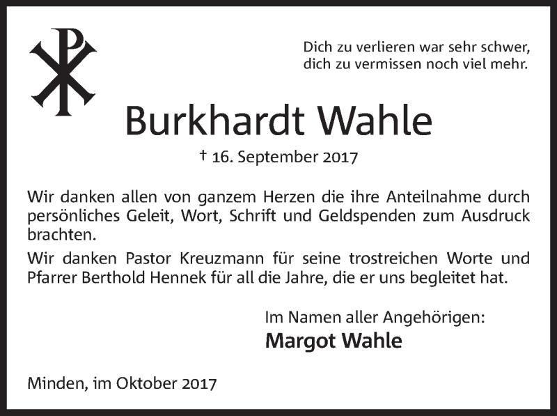  Traueranzeige für Burghardt Wahle vom 21.10.2017 aus Mindener Tageblatt
