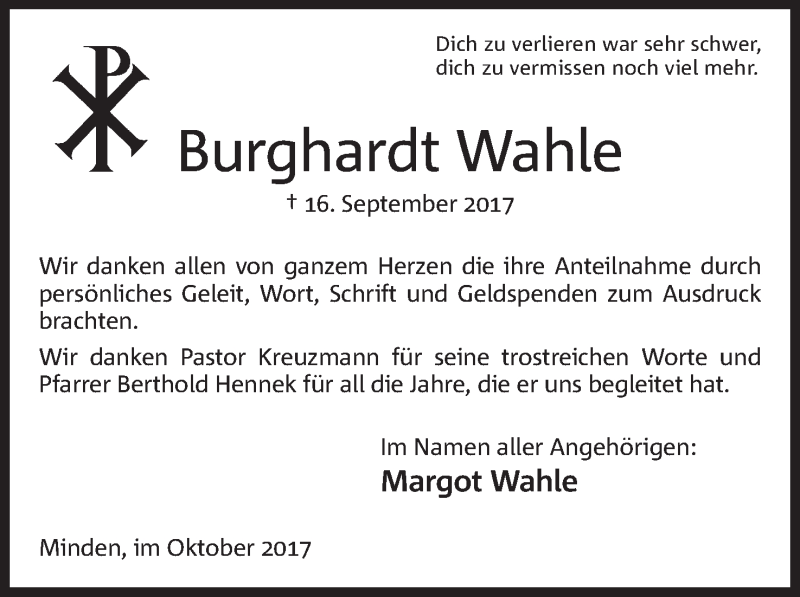  Traueranzeige für Burghardt Wahle vom 23.10.2017 aus Mindener Tageblatt