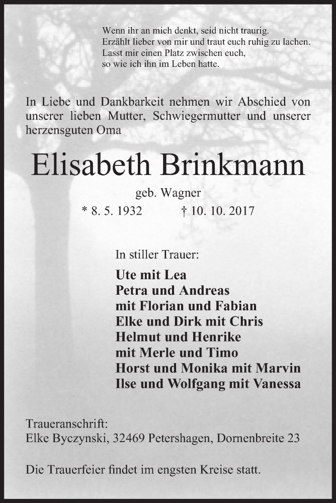  Traueranzeige für Elisabeth Brinkmann vom 14.10.2017 aus Mindener Tageblatt