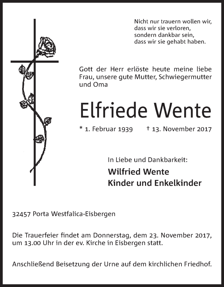  Traueranzeige für Elfriede Wente vom 18.11.2017 aus Mindener Tageblatt