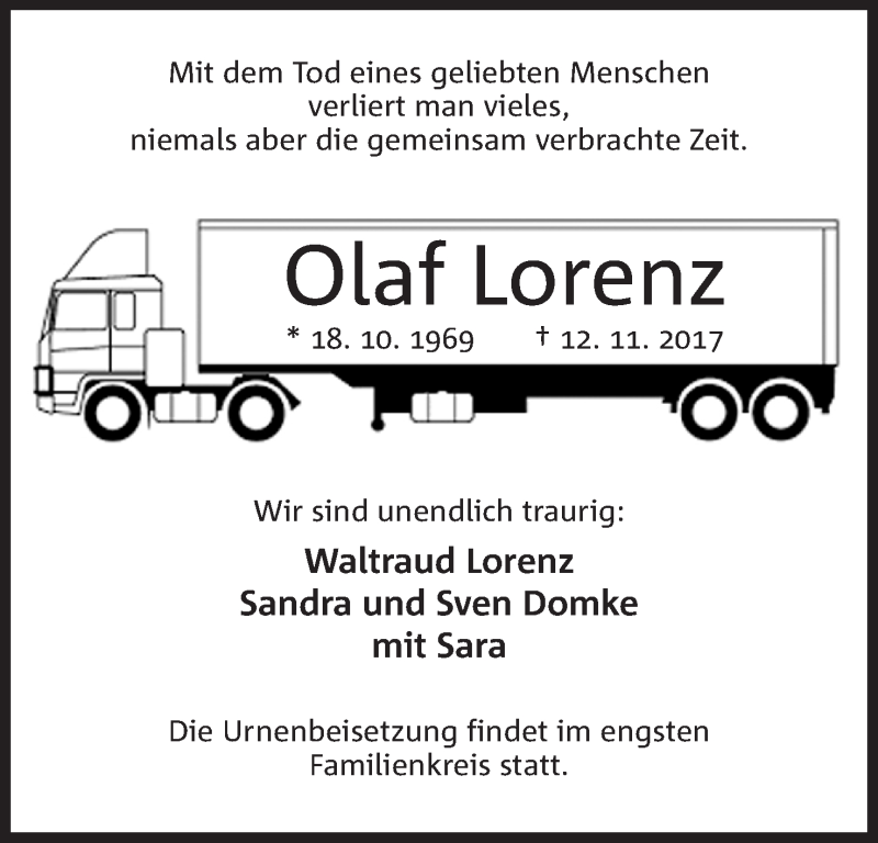  Traueranzeige für Olaf Lorenz vom 15.11.2017 aus Mindener Tageblatt