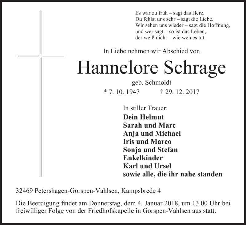  Traueranzeige für Hannelore Schrage vom 30.12.2017 aus Mindener Tageblatt