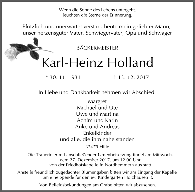  Traueranzeige für Karl-Heinz Holland vom 16.12.2017 aus Mindener Tageblatt