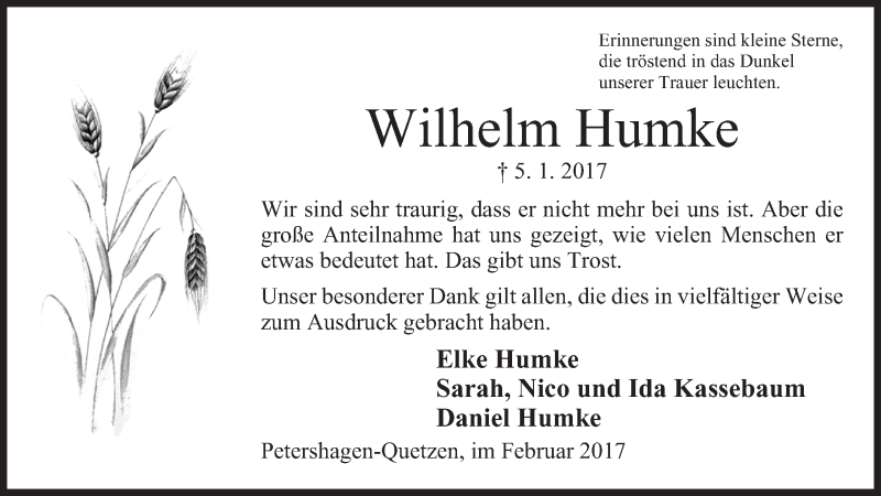  Traueranzeige für Wilhelm Humke vom 18.02.2017 aus Mindener Tageblatt