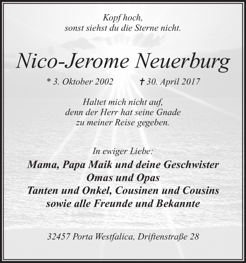  Traueranzeige für Nico-Jerome Neuerburg vom 06.05.2017 aus Mindener Tageblatt