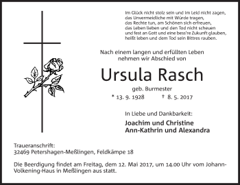 Anzeige von Ursula Rasche von Mindener Tageblatt